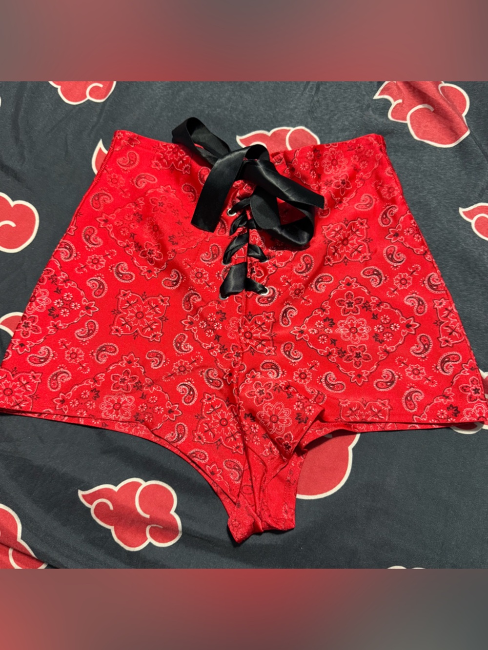 High-Waist Red Paisley Lace-Up Women’s Shorts
